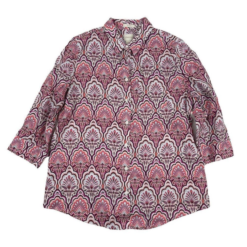 Chico's Pink & White Patterned Button-Down Shirt